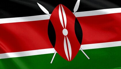 Kenyan flag—horizontal black, white, red, and green stripes centered with a traditional Maasai shield and crossed spears, symbolizing unity, defense, and national heritage.