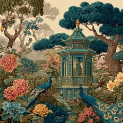 Elegant Teal Gazebo Serene Garden Peacocks Floral Asian Design lush blue gold rich birds green peace