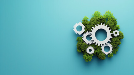 A green tree shaped like a human head with interlocking white gears inside, symbolizing eco-friendly ideas and sustainable innovation.