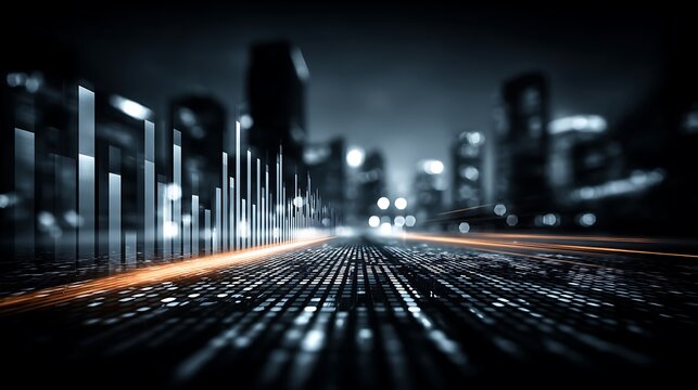 **A Sleek, Data-Driven Business Background Showing Abstract Bar Chart Silhouettes Fading Into The Distance, Layered Over A Futuristic Digital Grid. Cool Cyan And Dark Blue Colors Dominate, Symbolizing