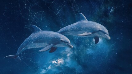 Fototapeta premium Dolphins leaping under a dark sky filled with shimmering stars and constellations