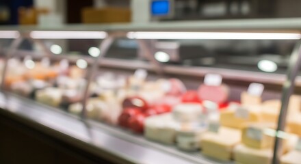 A blurred, out-of-focus view of a refrigerated deli counter filled with assorted cheeses.