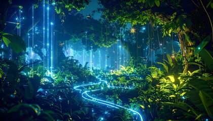Obraz premium In this living network, glowing flora sync with nano-sensors and bugs stream data like satellites. A surreal biome where nature and tech co-evolve—hyper-detailed, perfect for sci-fi visuals.