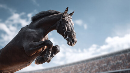 Powerful image of a dark horse jumping, symbolizing success, freedom, and achievement. Use for equestrian themes, sports, or motivational concepts.