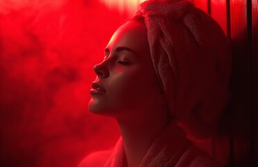 Sensual Woman Red Light Spa Relaxation Beauty Treatment Wellness zen face skin care calm dark model 