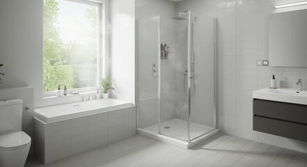光輝くモダンバスルーム 清潔感溢れるシャワー室 快適な空間. AI Generated