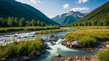Mountain valley with a river running through, summer season
