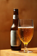 Glass of Light Beer with Bottle on Wood Background