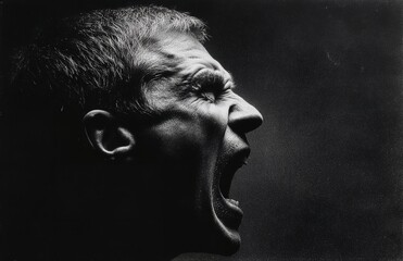 Dramatic Black and White Profile Portrait Man Screaming Anger Pain Stress art face head open mood   