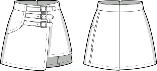 CAD drawing flat vector illustration of wrap skirt, buckle closure detail, fashion sketch, front and back 