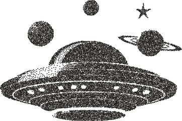 Alien retro y2k stipple design ufo halftone brutalist urban vector png with clear background, extraterrestrial 2000s photocopy grunge tattoo gen z effect