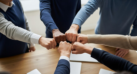 A diverse team of colleagues joins their fists in a circle, symbolizing unity and teamwork.