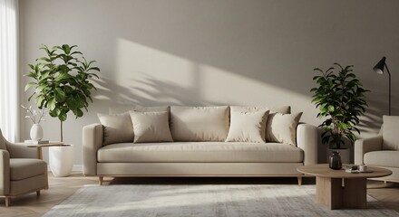 穏やか日差し射す ベージュソファのある静かなリビング. AI Generated