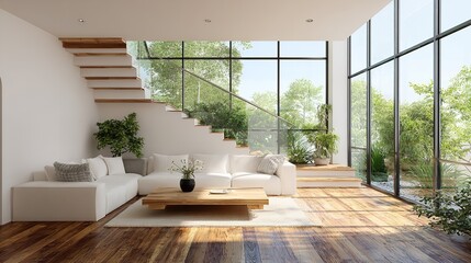 Modern Minimalist Living Room Interior Design White Sofa Wooden Floor Large Windows Natural Light   