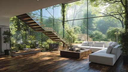 Modern Minimalist Home Interior Design Wooden Floor Glass Staircase Luxury Living Room Green View   