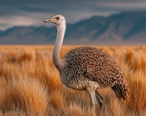 Ostrich walking in dry grassy field, searching for food