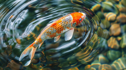 Vibrant orange and white koi fish swimming in a rippling pond with pebbles