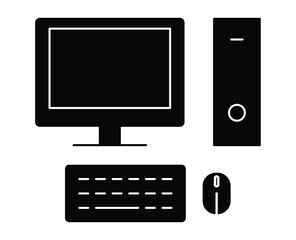 Black Silhouette of Computer Monitor, Keyboard, Mouse, and Tower Design