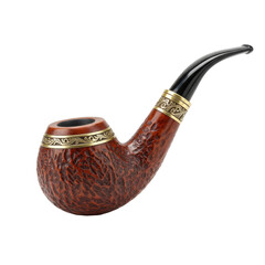 Classic wooden smoking pipe with a carved rustic bowl and ornate metal rings for tobacco