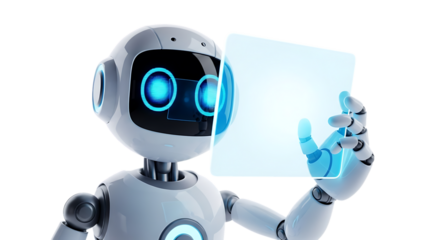 Futuristic Robot Holding Transparent Tablet with Glowing Blue Eyes and Circuitry Emphasizing Innovation and Technology of the Future
