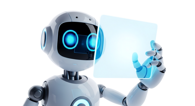 Futuristic Robot Holding Transparent Tablet with Glowing Blue Eyes and Circuitry Emphasizing Innovation and Technology of the Future