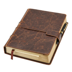 Vintage distressed brown leather journal with strap closure, ribbon bookmark, and classic pen