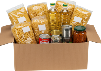 A cardboard box filled with various pasta, oils, and canned goods, ready for distribution