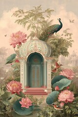 A serene oriental garden temple adorned with lotuses and a peacock evoking peace and cultural