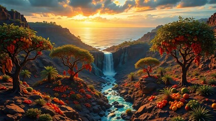 Fototapeta premium Beautiful mountain and river landscapes bathed in the warm light of sunrise or sunset, reflecting on the water under a vast sky with clouds