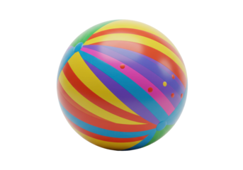 Colorful striped beach ball resting on a sandy shore with ocean waves in the background