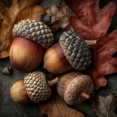 Close-up of Four Acorns on Autumn Leaves