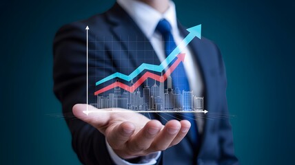 Businessman Presenting City Growth Chart, Upward Trend