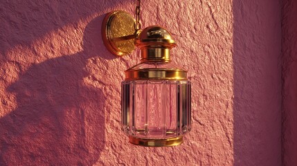 An ornate golden perfume bottle gleaming elegance against rough pink stone with textured wall shadow