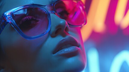 A woman s dreamy gaze through neon shades lost in the electric pulse of city nights with blue pink