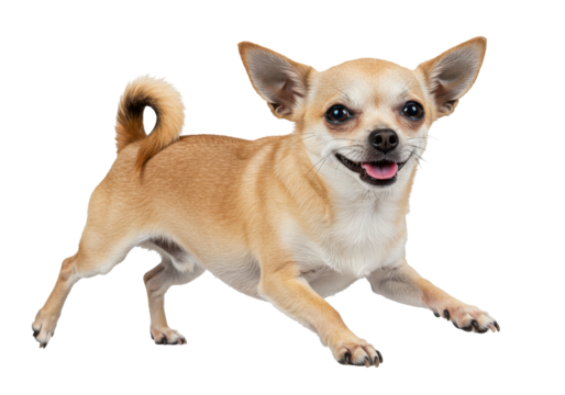 Playful Chihuahua running joyfully in a bright indoor setting with soft lighting