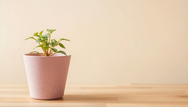 Small green plant in a stained white pot on a wooden table with an orange background