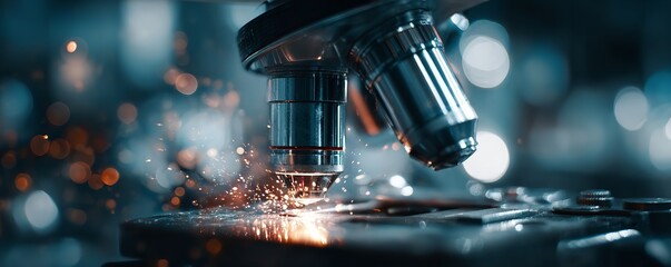 A gleaming microscope amidst a flurry of sparks illuminating the path of scientific discovery with