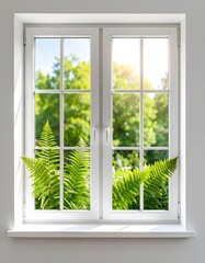 Obraz premium Sunlight streams through a white window, illuminating vibrant ferns growing indoors against a green backdrop.