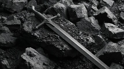 A knight s fallen blade resting amongst the ashen remains of battle metallic sheen dark rock