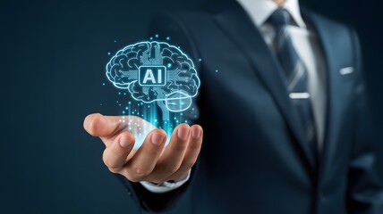 Businessman Holding Futuristic AI Brain Concept