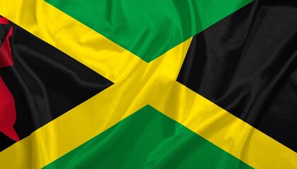 Jamaica flag tribute in bold diagonal layout with golden saltire, black and green triangles, minimalist composition, symbolic emphasis on cultural identity and national heritage.