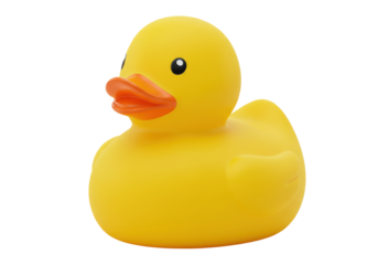 A bright yellow rubber duck floating serenely in a calm blue water setting