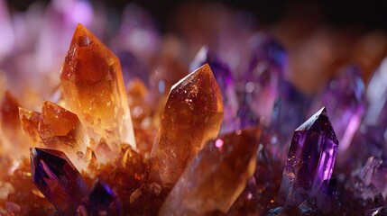 Glowing amber crystals embrace amethyst in a dance of earth s magic captured in crisp macro focus