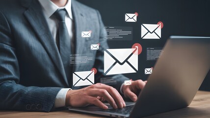 Businessman Working Laptop Email Notifications Serious Mood