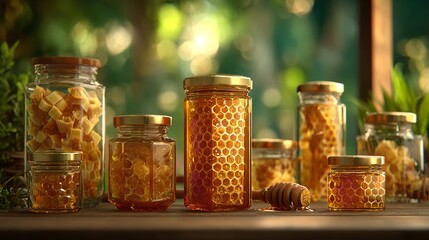 Golden jars of honey a sweet harvest from the hive in an amber glow on a rustic wooden table with
