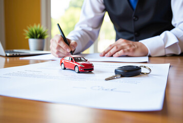 Businessman holding car keys while signing documents at office, car rental, car leasing
