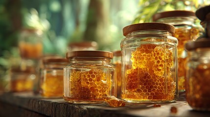 Golden honeycomb treasure nestled in jars promising sweetness and pure delight with blurred green