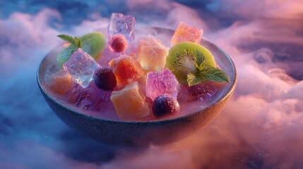 A mesmerizing bowl of fruit salad and ice against a backdrop of ethereal fog bathed in soft