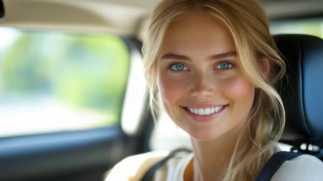 Close-up portrait of a smiling blonde woman with blue eyes in a car