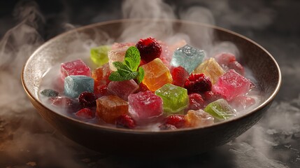 A captivating bowl of rainbow jelly cubes with fresh raspberries mint in a milky ethereal haze with